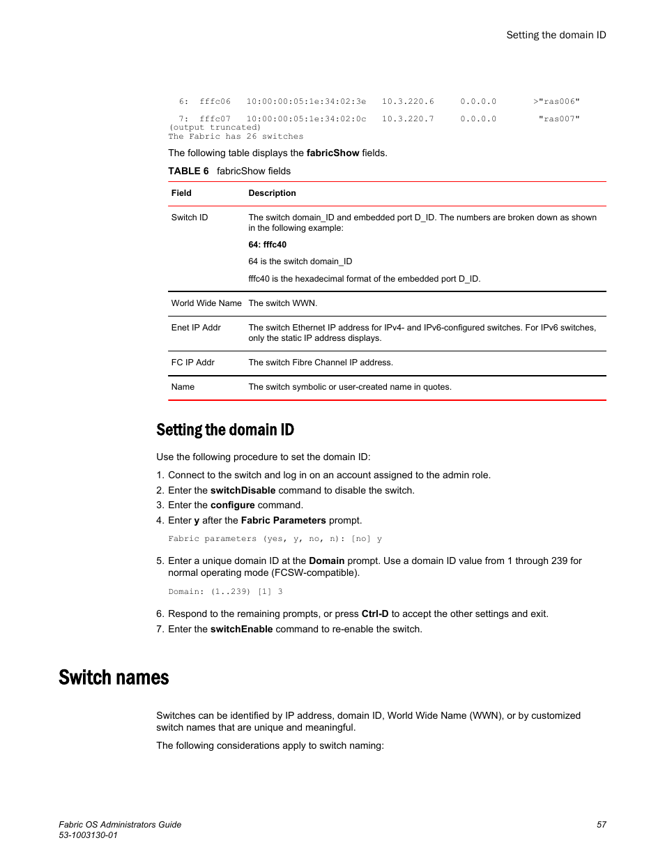 Setting the domain id, Switch names | Brocade Fabric OS Administrators Guide (Supporting Fabric OS v7.3.0) User Manual | Page 57 / 622