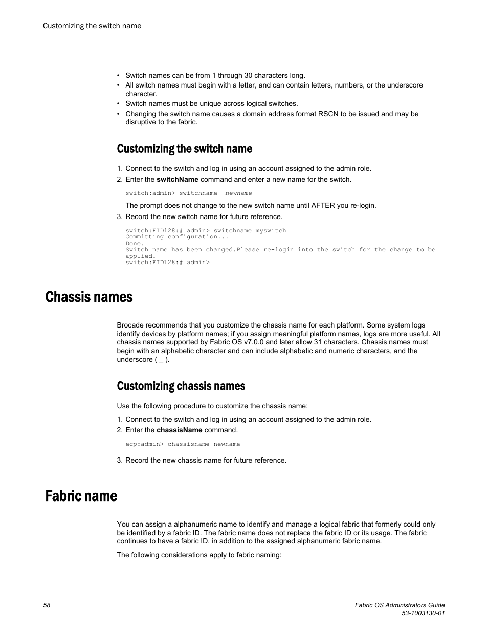 Customizing the switch name, Chassis names, Customizing chassis names | Fabric name | Brocade Fabric OS Administrators Guide (Supporting Fabric OS v7.3.0) User Manual | Page 58 / 622