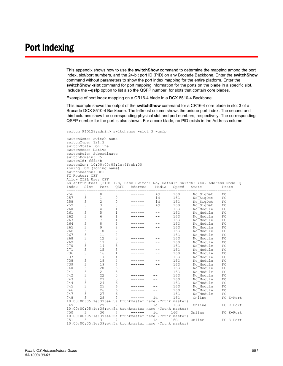 Port indexing | Brocade Fabric OS Administrators Guide (Supporting Fabric OS v7.3.0) User Manual | Page 581 / 622
