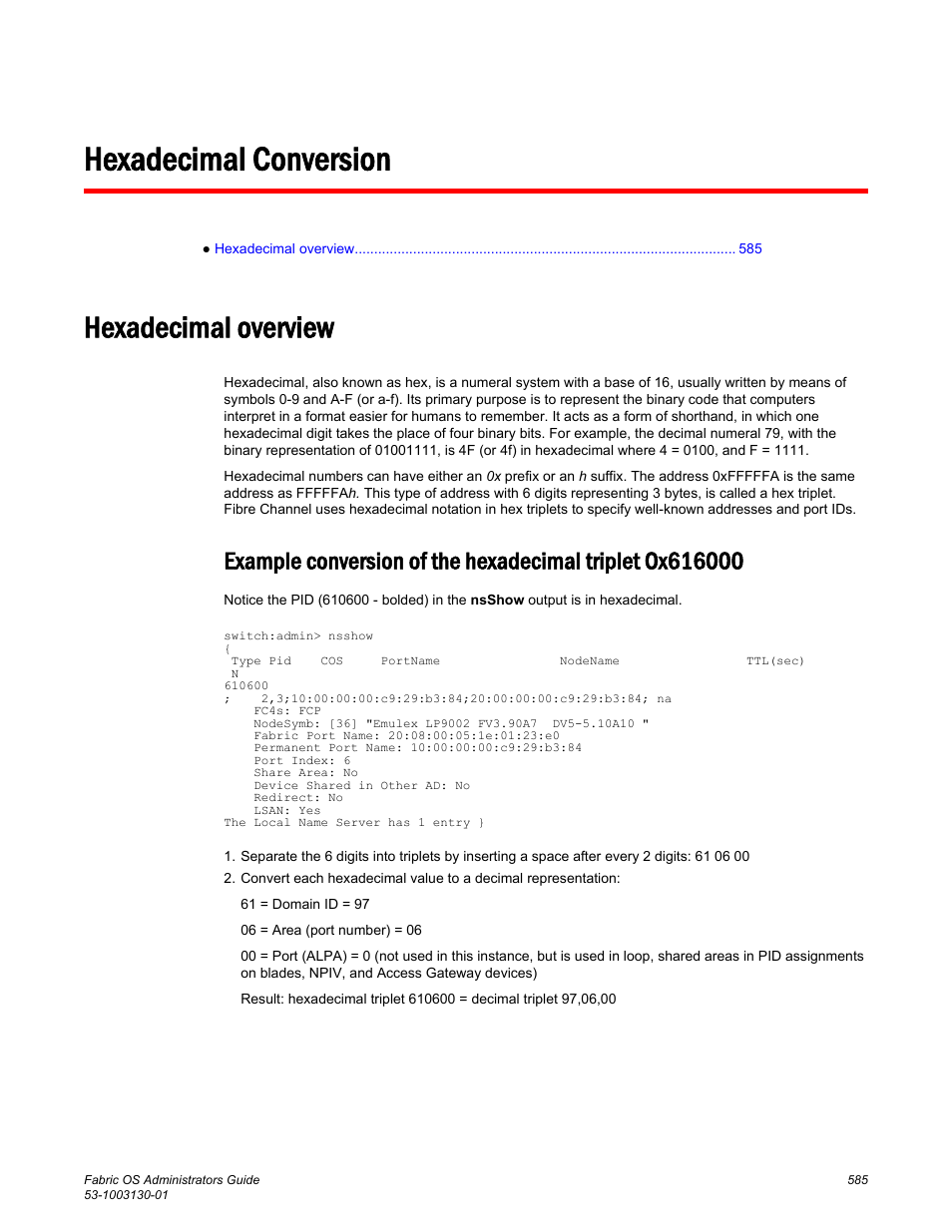 Hexadecimal conversion, Hexadecimal overview | Brocade Fabric OS Administrators Guide (Supporting Fabric OS v7.3.0) User Manual | Page 585 / 622