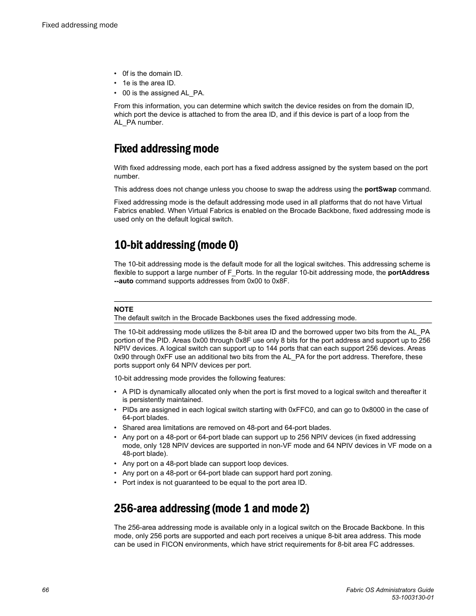 Fixed addressing mode, Bit addressing (mode 0), Area addressing (mode 1 and mode 2) | Brocade Fabric OS Administrators Guide (Supporting Fabric OS v7.3.0) User Manual | Page 66 / 622
