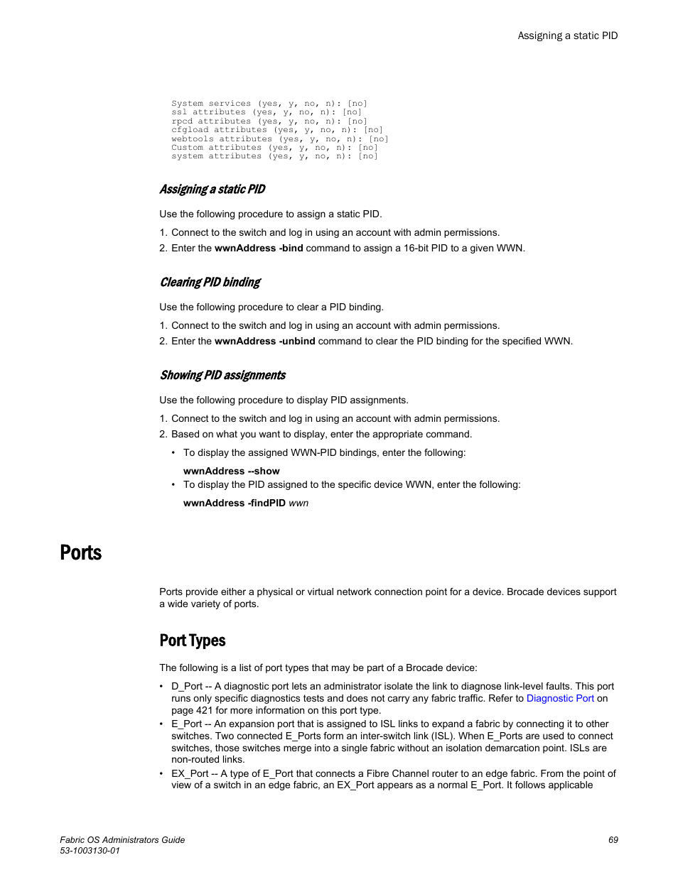 Assigning a static pid, Clearing pid binding, Showing pid assignments | Ports, Port types | Brocade Fabric OS Administrators Guide (Supporting Fabric OS v7.3.0) User Manual | Page 69 / 622