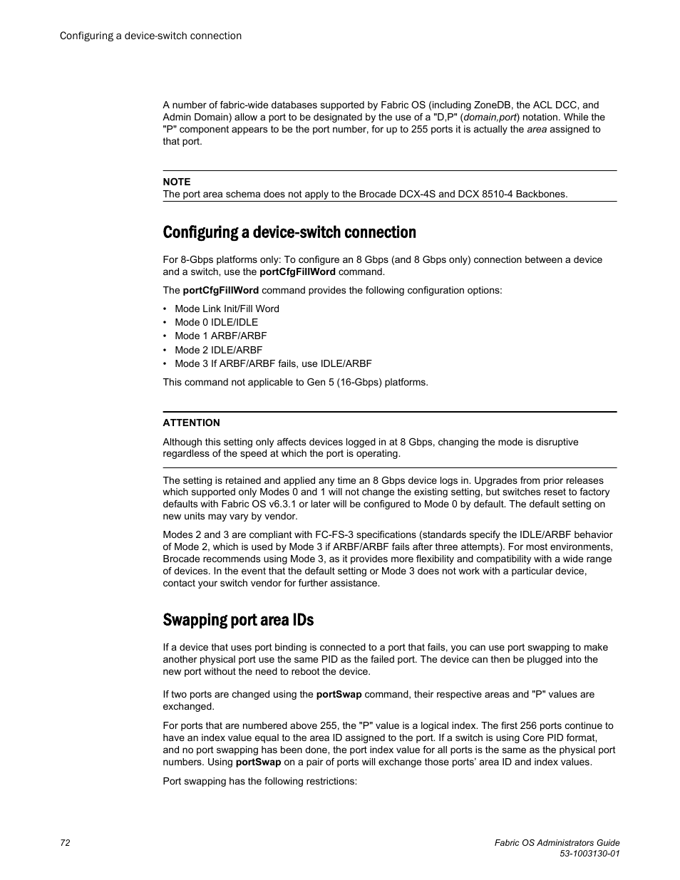 Configuring a device-switch connection, Swapping port area ids | Brocade Fabric OS Administrators Guide (Supporting Fabric OS v7.3.0) User Manual | Page 72 / 622