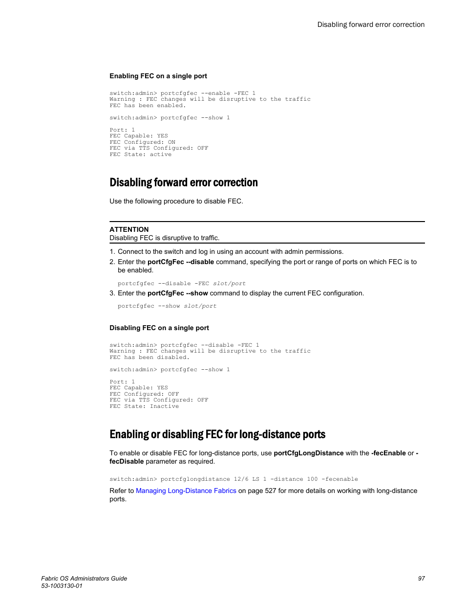 Disabling forward error correction, Enabling or disabling fec for long-distance ports | Brocade Fabric OS Administrators Guide (Supporting Fabric OS v7.3.0) User Manual | Page 97 / 622