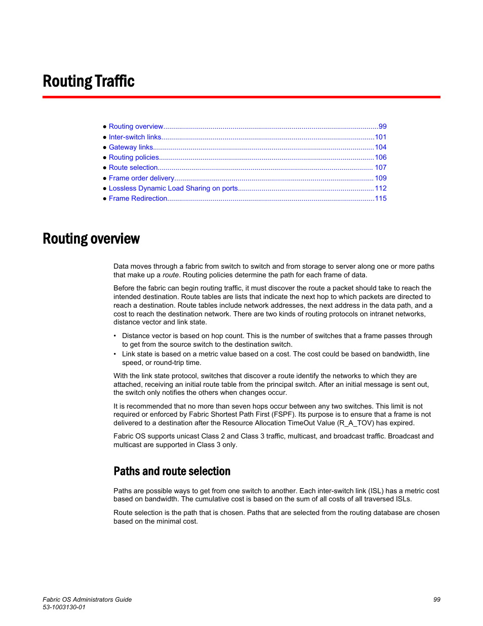 Routing traffic, Routing overview, Paths and route selection | Facility to the chapter | Brocade Fabric OS Administrators Guide (Supporting Fabric OS v7.3.0) User Manual | Page 99 / 622