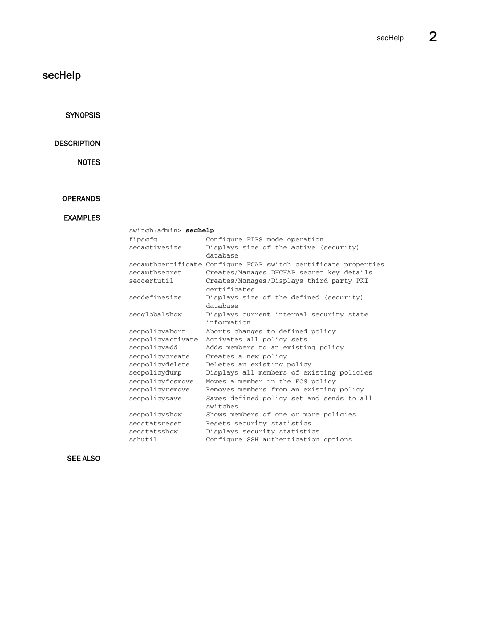 Sechelp | Brocade Fabric OS Command Reference (Supporting Fabric OS v7.3.0) User Manual | Page 1039 / 1274