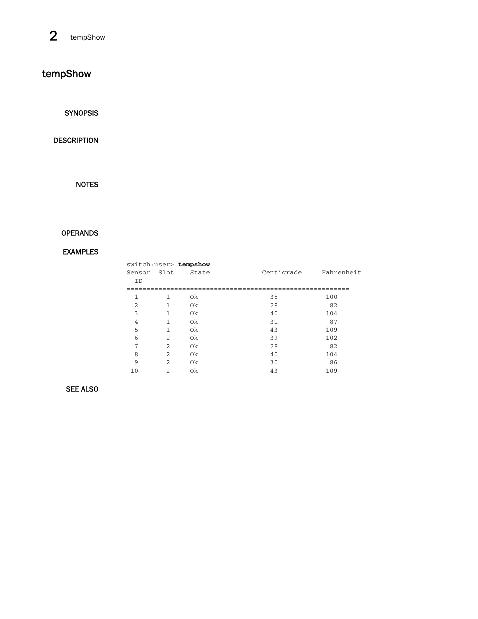 Tempshow | Brocade Fabric OS Command Reference (Supporting Fabric OS v7.3.0) User Manual | Page 1180 / 1274