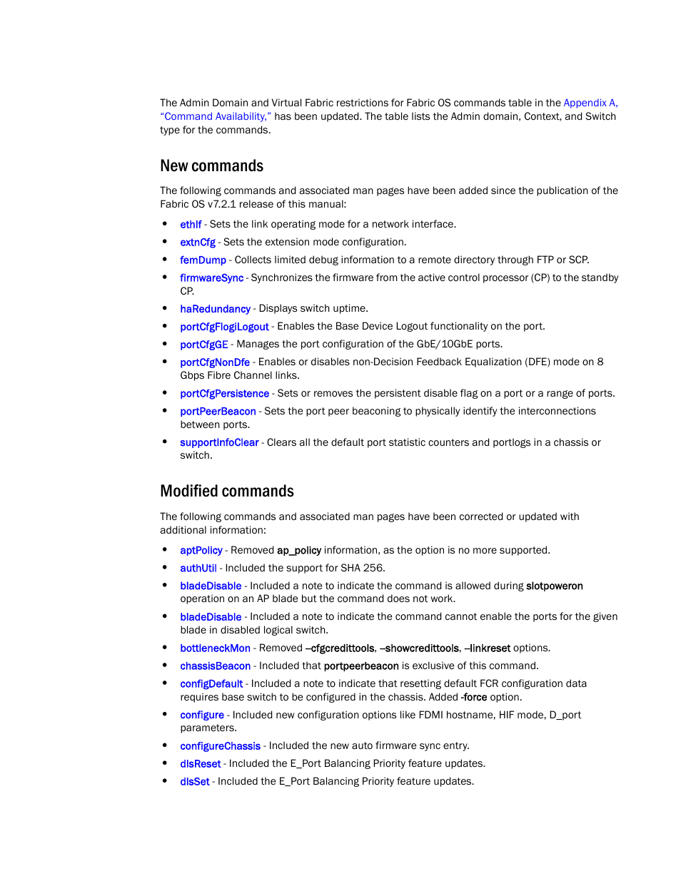 New commands, Modified commands | Brocade Fabric OS Command Reference (Supporting Fabric OS v7.3.0) User Manual | Page 23 / 1274