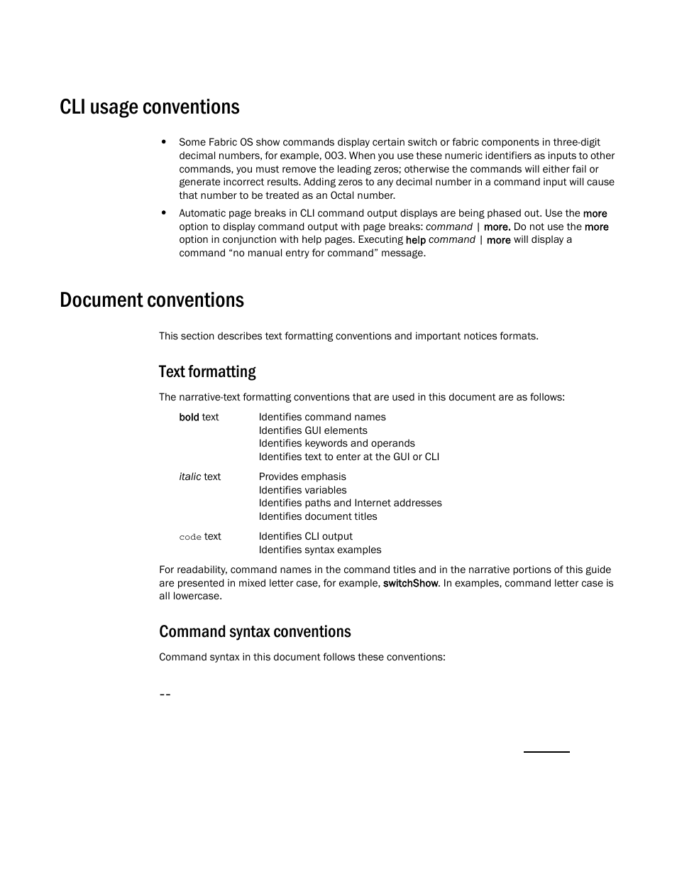 Cli usage conventions, Document conventions, Text formatting | Command syntax conventions | Brocade Fabric OS Command Reference (Supporting Fabric OS v7.3.0) User Manual | Page 26 / 1274