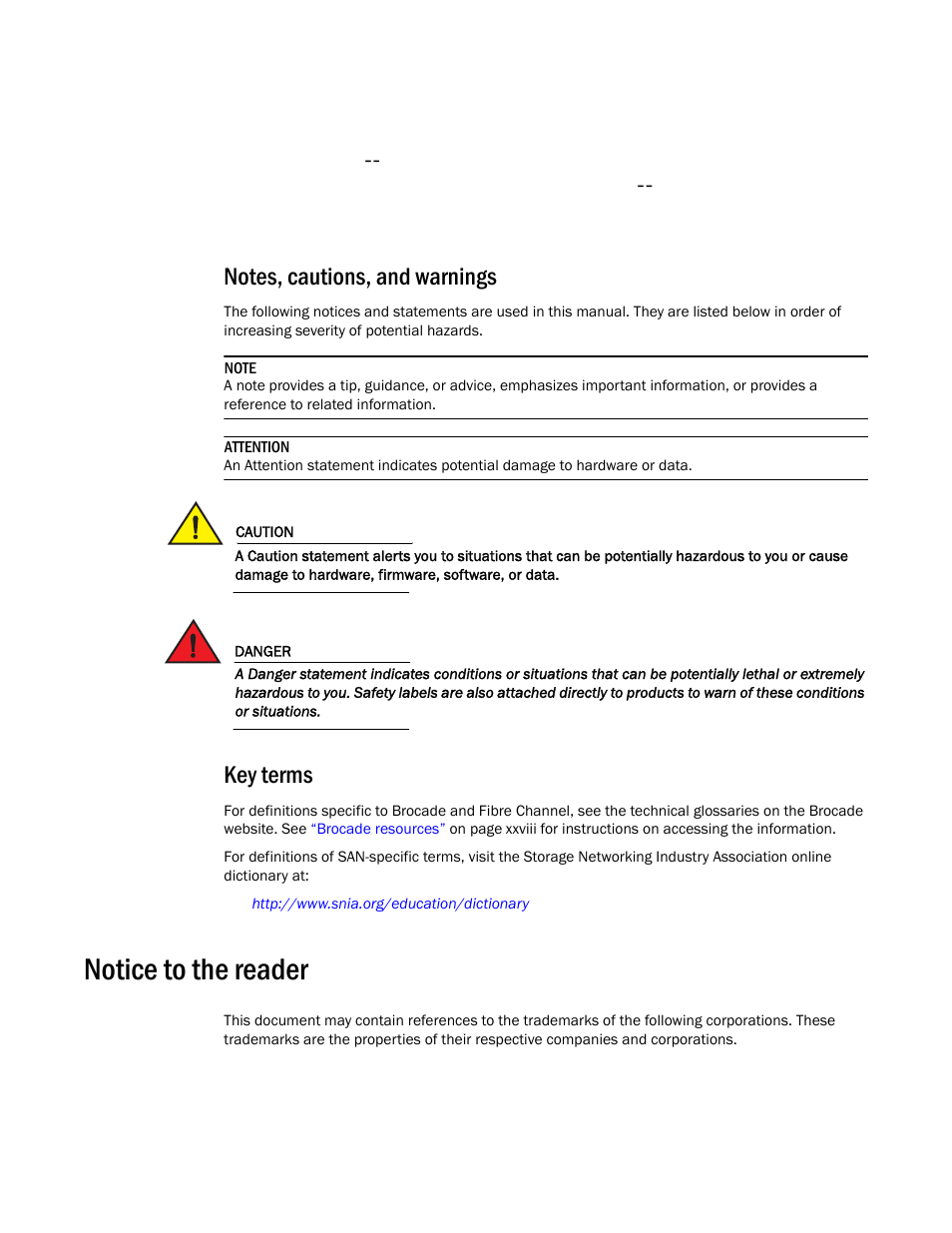 Notes, cautions, and warnings, Key terms, Notice to the reader | Brocade Fabric OS Command Reference (Supporting Fabric OS v7.3.0) User Manual | Page 27 / 1274