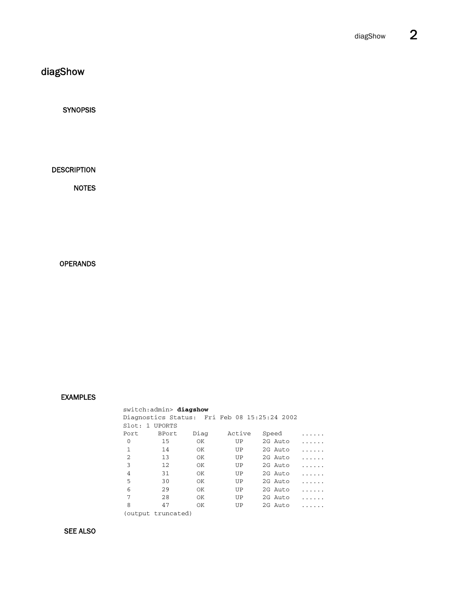 Diagshow | Brocade Fabric OS Command Reference (Supporting Fabric OS v7.3.0) User Manual | Page 275 / 1274