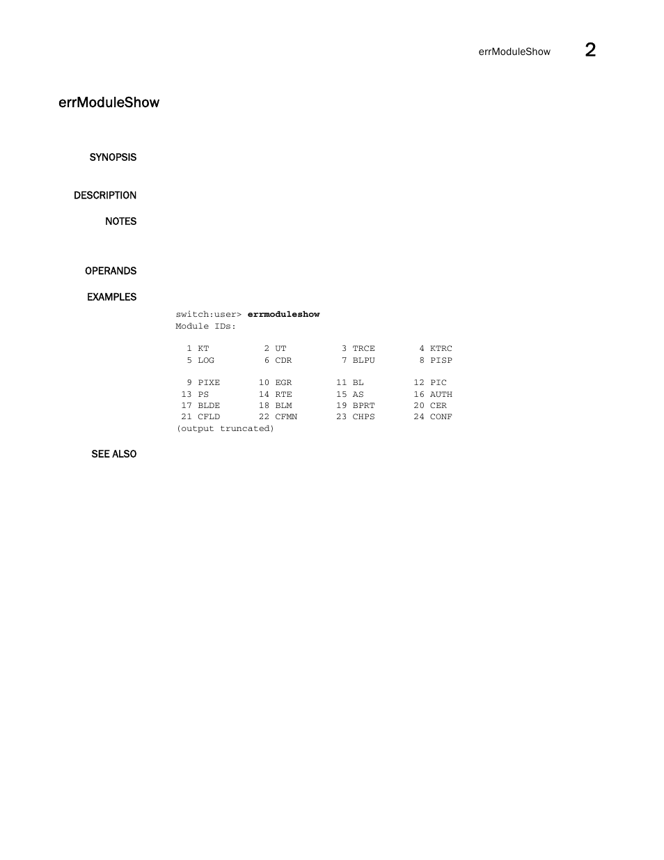 Errmoduleshow | Brocade Fabric OS Command Reference (Supporting Fabric OS v7.3.0) User Manual | Page 295 / 1274