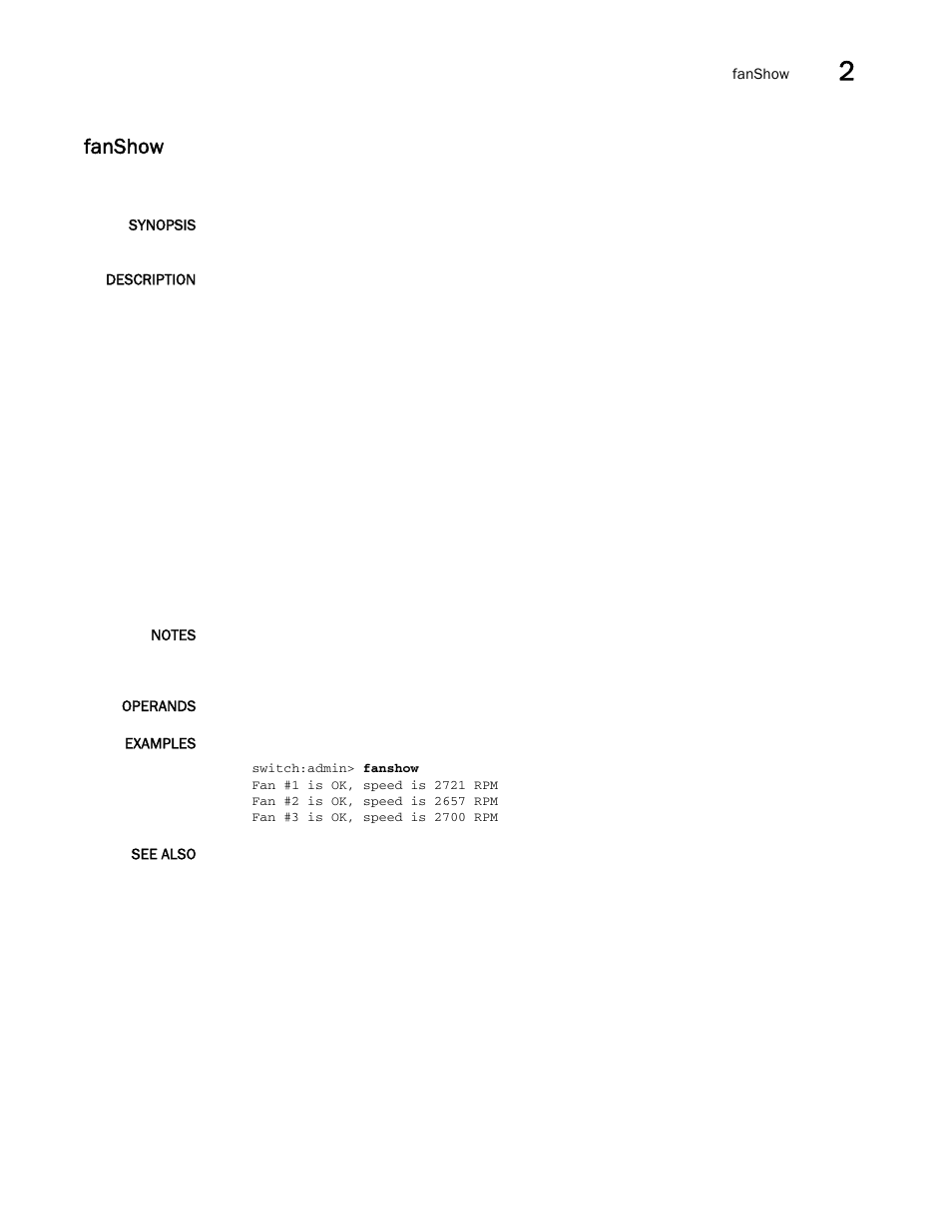 Fanshow | Brocade Fabric OS Command Reference (Supporting Fabric OS v7.3.0) User Manual | Page 323 / 1274