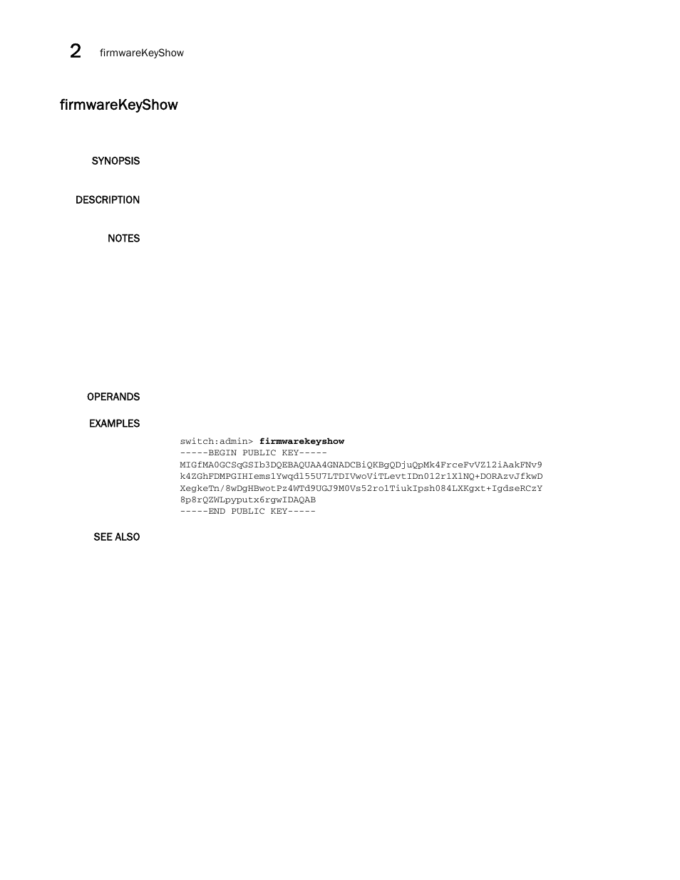 Firmwarekeyshow | Brocade Fabric OS Command Reference (Supporting Fabric OS v7.3.0) User Manual | Page 432 / 1274