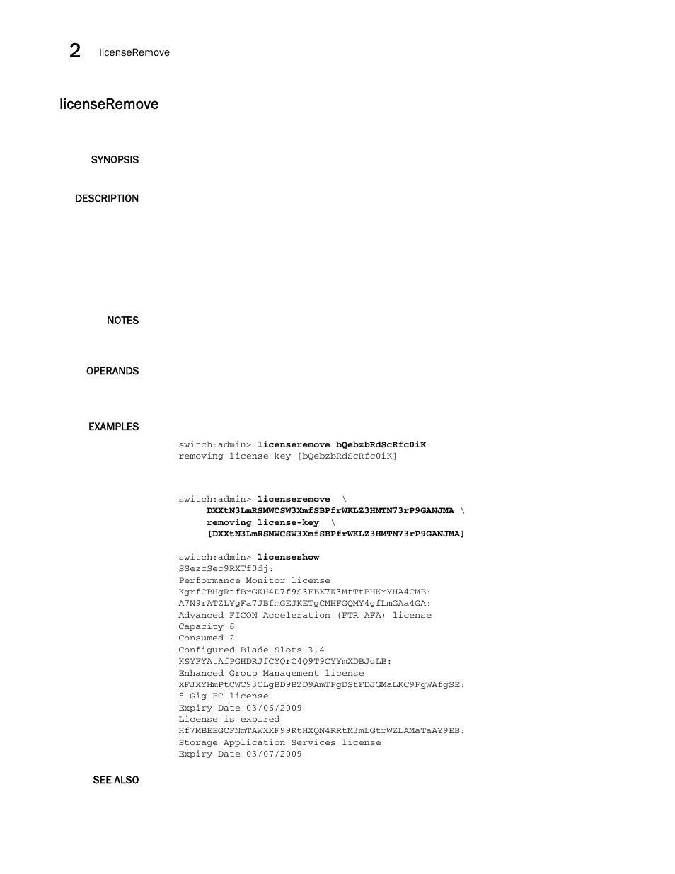Licenseremove | Brocade Fabric OS Command Reference (Supporting Fabric OS v7.3.0) User Manual | Page 580 / 1274