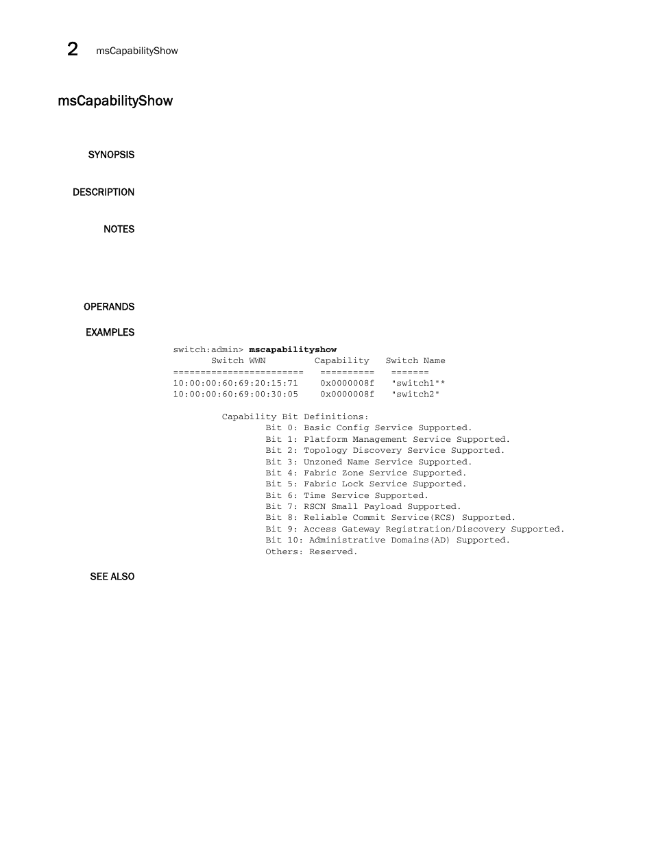 Mscapabilityshow | Brocade Fabric OS Command Reference (Supporting Fabric OS v7.3.0) User Manual | Page 632 / 1274