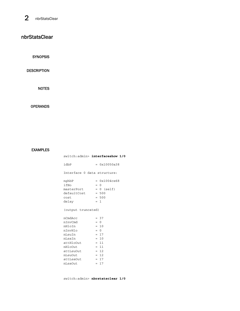 Nbrstatsclear | Brocade Fabric OS Command Reference (Supporting Fabric OS v7.3.0) User Manual | Page 646 / 1274