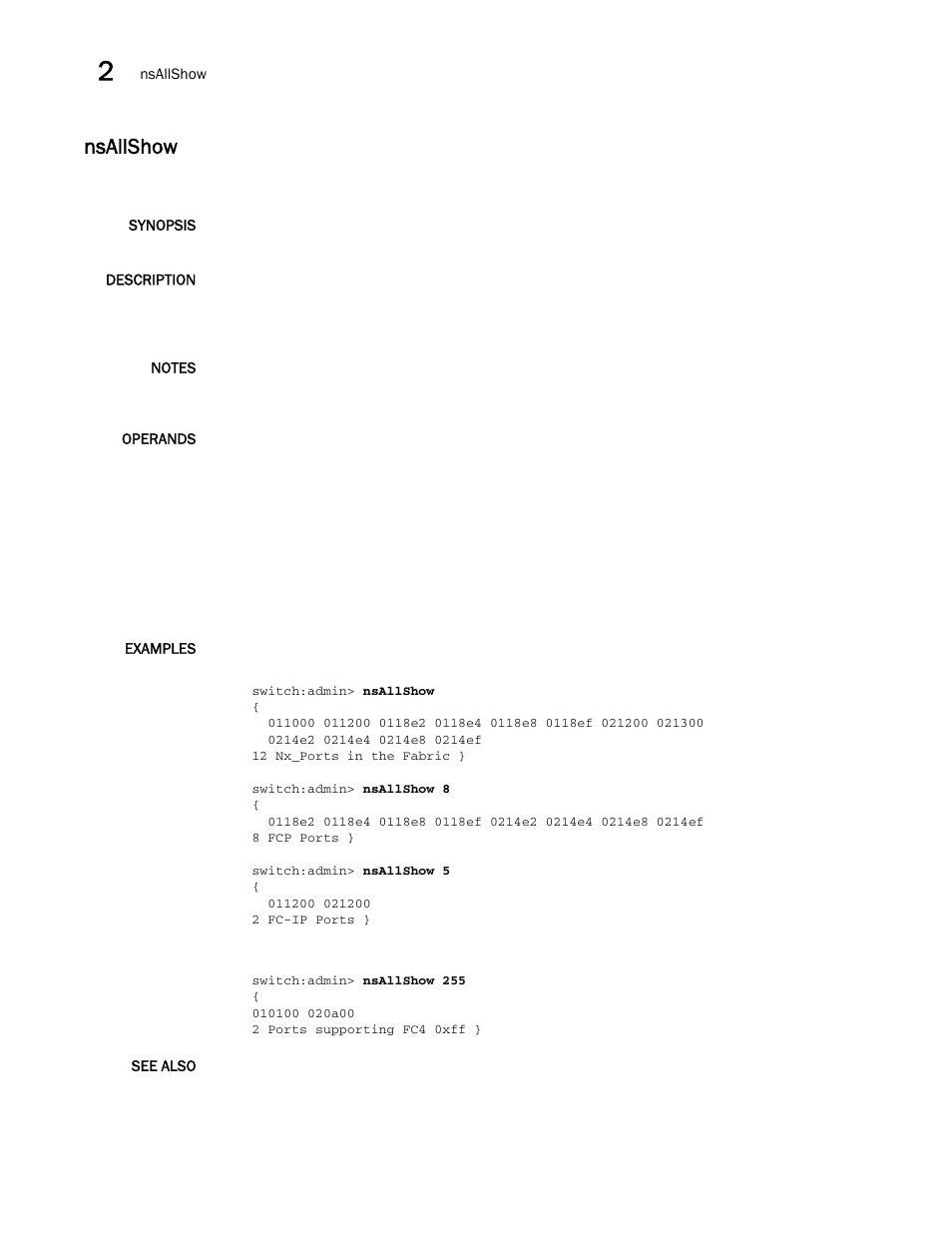 Nsallshow | Brocade Fabric OS Command Reference (Supporting Fabric OS v7.3.0) User Manual | Page 654 / 1274