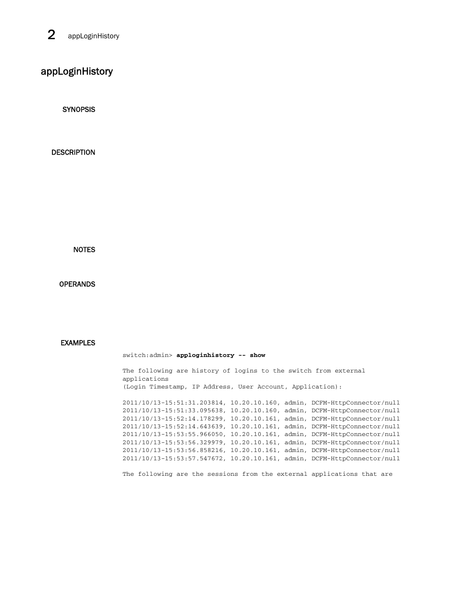 Apploginhistory | Brocade Fabric OS Command Reference (Supporting Fabric OS v7.3.0) User Manual | Page 84 / 1274