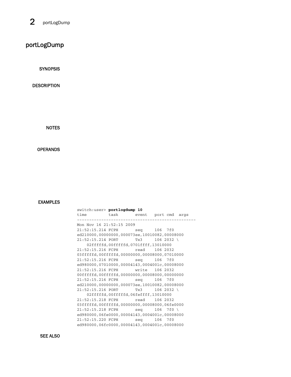 Portlogdump | Brocade Fabric OS Command Reference (Supporting Fabric OS v7.3.0) User Manual | Page 876 / 1274