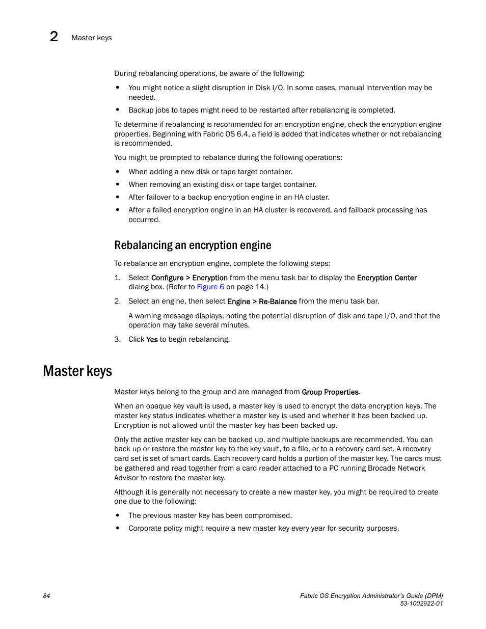 Rebalancing an encryption engine, Master keys | Brocade Fabric OS Encryption Administrator’s Guide Supporting RSA Data Protection Manager (DPM) Environments (Supporting Fabric OS v7.2.0) User Manual | Page 104 / 332