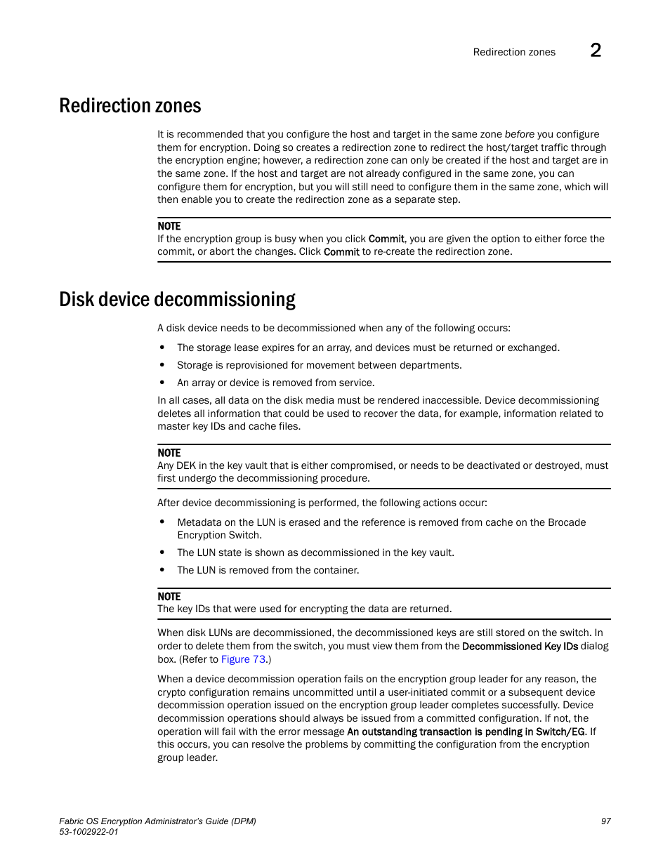 Redirection zones, Disk device decommissioning, Disk device | Decommissioning | Brocade Fabric OS Encryption Administrator’s Guide Supporting RSA Data Protection Manager (DPM) Environments (Supporting Fabric OS v7.2.0) User Manual | Page 117 / 332