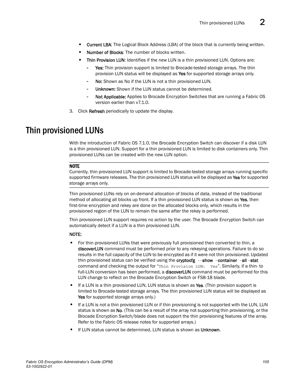 Thin provisioned luns | Brocade Fabric OS Encryption Administrator’s Guide Supporting RSA Data Protection Manager (DPM) Environments (Supporting Fabric OS v7.2.0) User Manual | Page 125 / 332