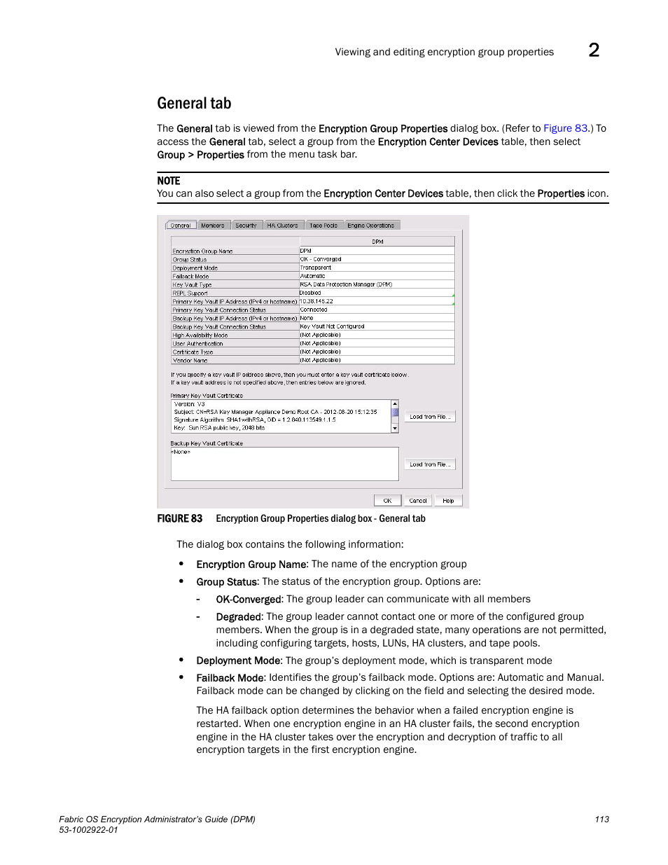 General tab | Brocade Fabric OS Encryption Administrator’s Guide Supporting RSA Data Protection Manager (DPM) Environments (Supporting Fabric OS v7.2.0) User Manual | Page 133 / 332