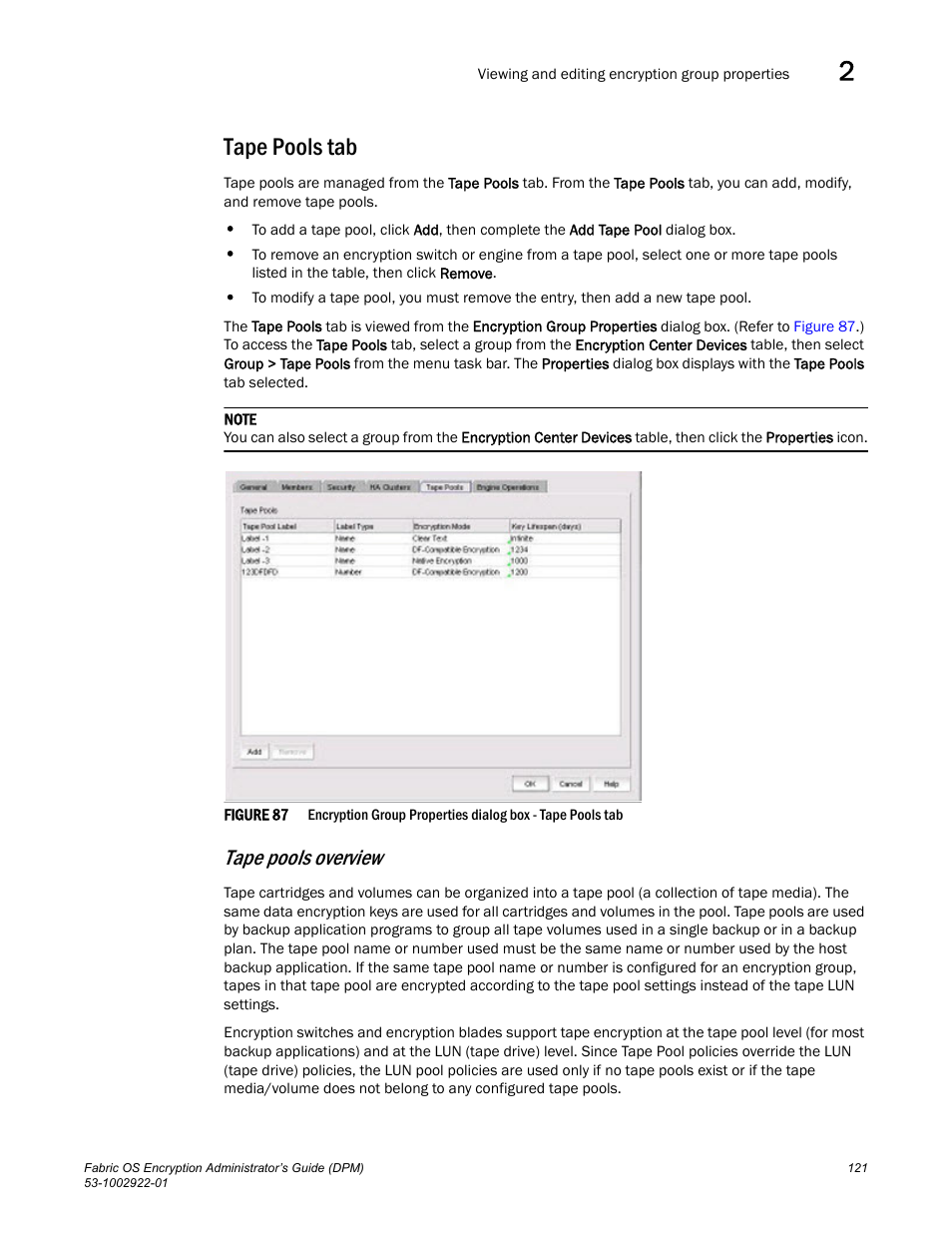 Tape pools tab, Tape pools overview | Brocade Fabric OS Encryption Administrator’s Guide Supporting RSA Data Protection Manager (DPM) Environments (Supporting Fabric OS v7.2.0) User Manual | Page 141 / 332