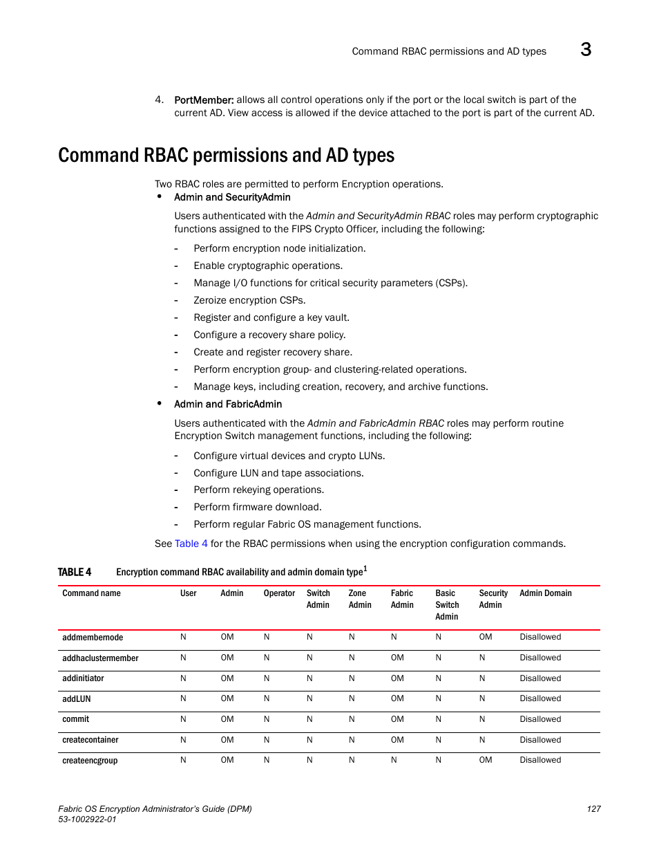 Command rbac permissions and ad types | Brocade Fabric OS Encryption Administrator’s Guide Supporting RSA Data Protection Manager (DPM) Environments (Supporting Fabric OS v7.2.0) User Manual | Page 147 / 332