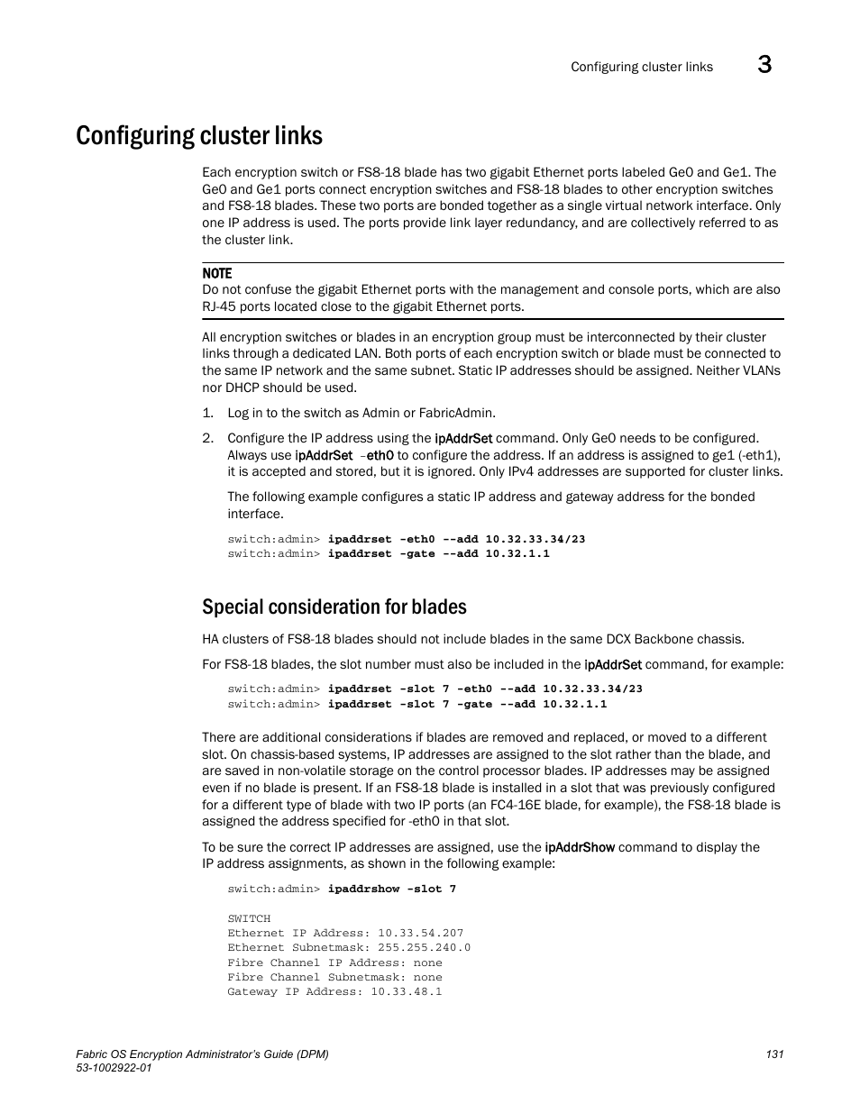 Configuring cluster links, Special consideration for blades | Brocade Fabric OS Encryption Administrator’s Guide Supporting RSA Data Protection Manager (DPM) Environments (Supporting Fabric OS v7.2.0) User Manual | Page 151 / 332