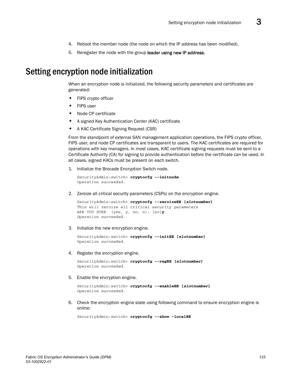 Setting encryption node initialization | Brocade Fabric OS Encryption Administrator’s Guide Supporting RSA Data Protection Manager (DPM) Environments (Supporting Fabric OS v7.2.0) User Manual | Page 153 / 332