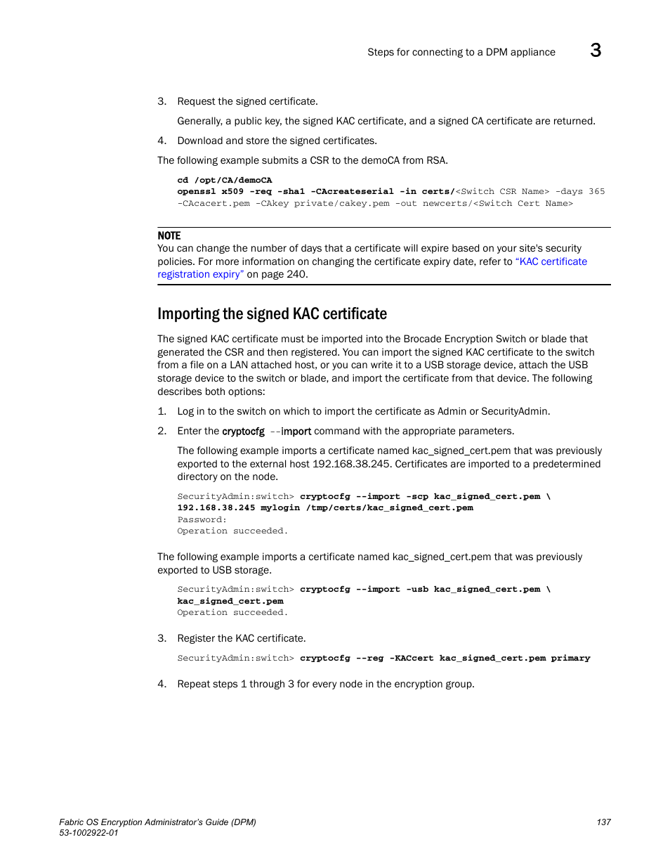 Importing the signed kac certificate, Importing the signed, Kac certificate | Brocade Fabric OS Encryption Administrator’s Guide Supporting RSA Data Protection Manager (DPM) Environments (Supporting Fabric OS v7.2.0) User Manual | Page 157 / 332