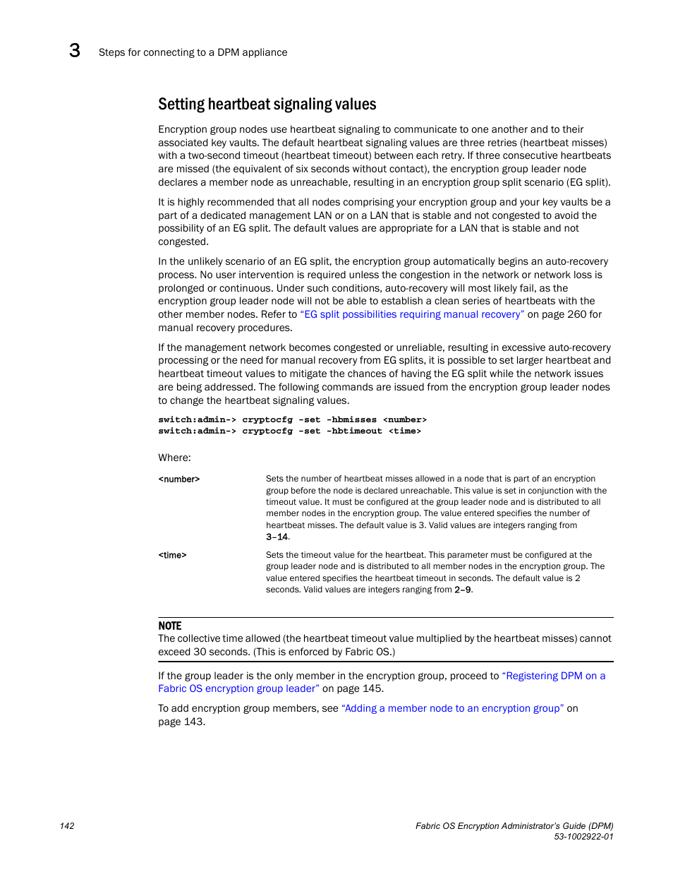 Setting heartbeat signaling values | Brocade Fabric OS Encryption Administrator’s Guide Supporting RSA Data Protection Manager (DPM) Environments (Supporting Fabric OS v7.2.0) User Manual | Page 162 / 332