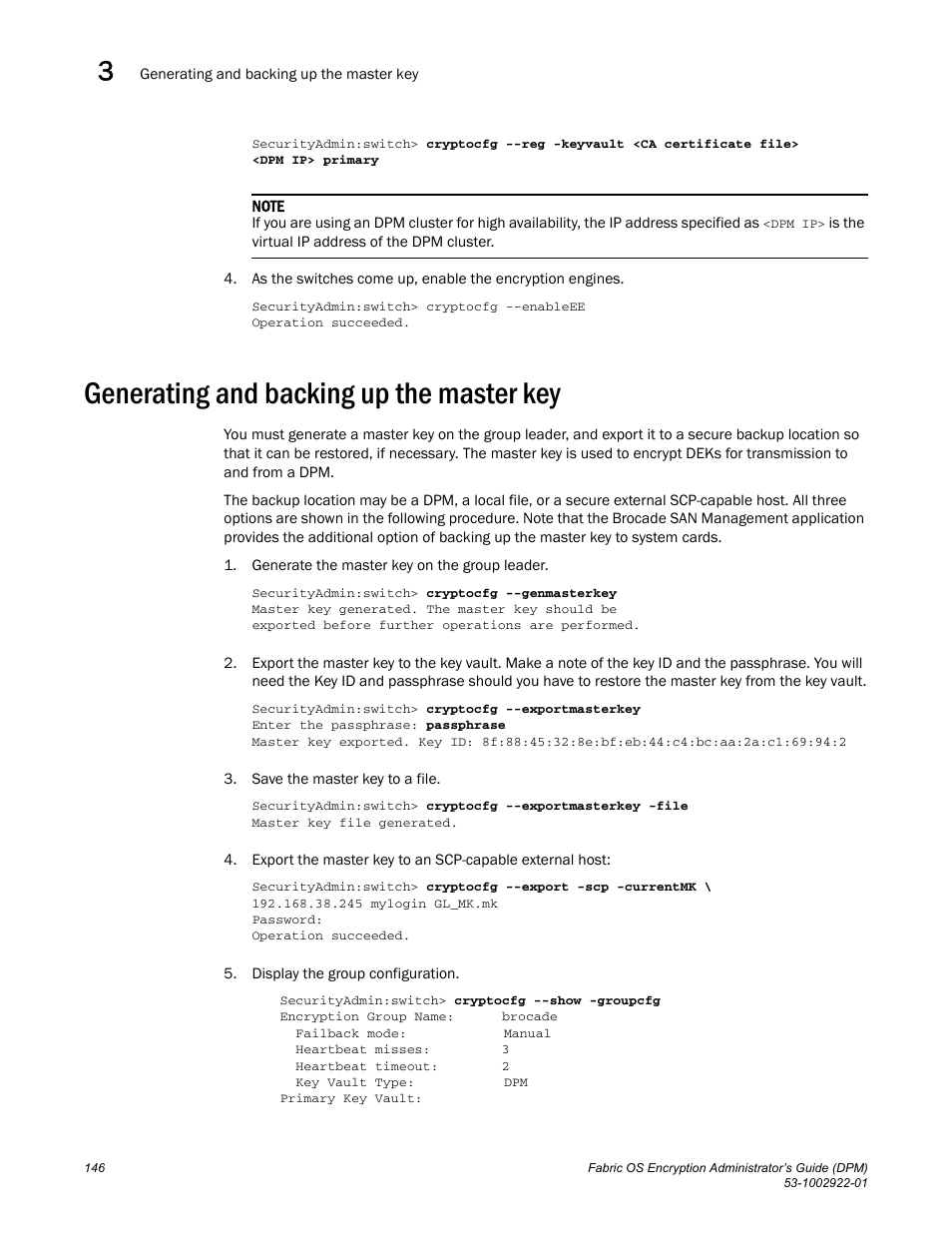 Generating and backing up the master key | Brocade Fabric OS Encryption Administrator’s Guide Supporting RSA Data Protection Manager (DPM) Environments (Supporting Fabric OS v7.2.0) User Manual | Page 166 / 332