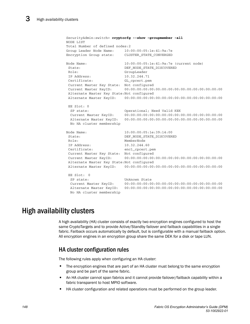 High availability clusters, Ha cluster configuration rules | Brocade Fabric OS Encryption Administrator’s Guide Supporting RSA Data Protection Manager (DPM) Environments (Supporting Fabric OS v7.2.0) User Manual | Page 168 / 332