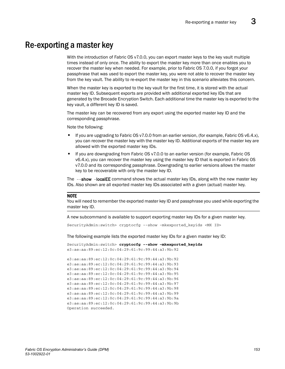 Re-exporting a master key | Brocade Fabric OS Encryption Administrator’s Guide Supporting RSA Data Protection Manager (DPM) Environments (Supporting Fabric OS v7.2.0) User Manual | Page 173 / 332