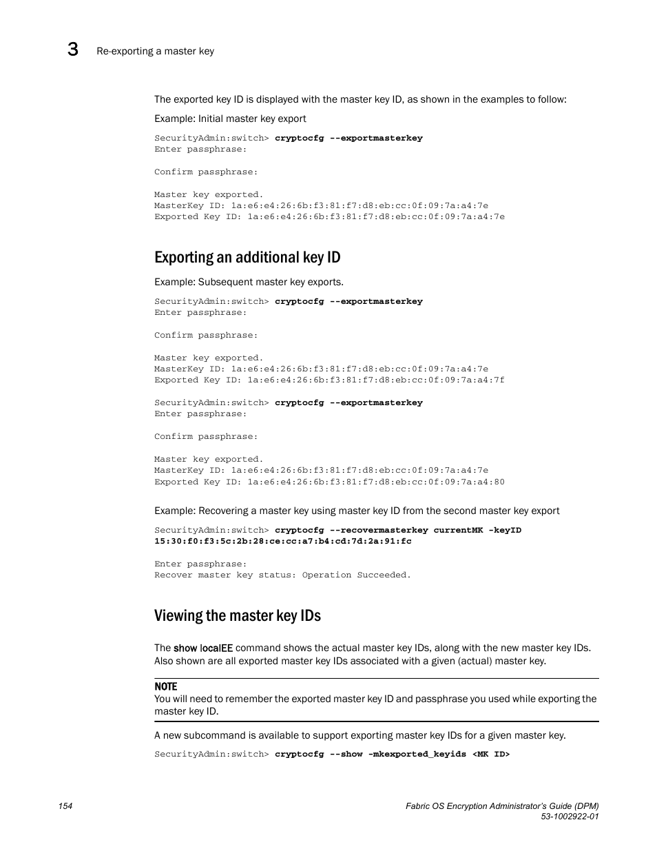 Exporting an additional key id, Viewing the master key ids | Brocade Fabric OS Encryption Administrator’s Guide Supporting RSA Data Protection Manager (DPM) Environments (Supporting Fabric OS v7.2.0) User Manual | Page 174 / 332