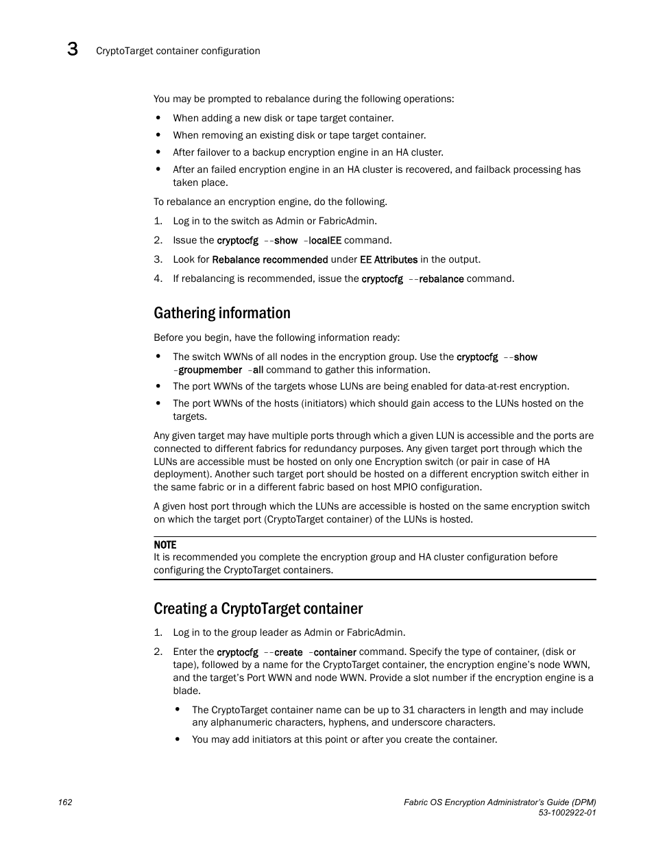 Gathering information, Creating a cryptotarget container | Brocade Fabric OS Encryption Administrator’s Guide Supporting RSA Data Protection Manager (DPM) Environments (Supporting Fabric OS v7.2.0) User Manual | Page 182 / 332