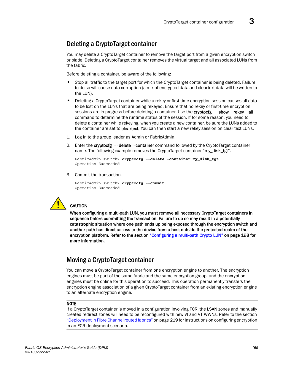 Deleting a cryptotarget container, Moving a cryptotarget container | Brocade Fabric OS Encryption Administrator’s Guide Supporting RSA Data Protection Manager (DPM) Environments (Supporting Fabric OS v7.2.0) User Manual | Page 185 / 332