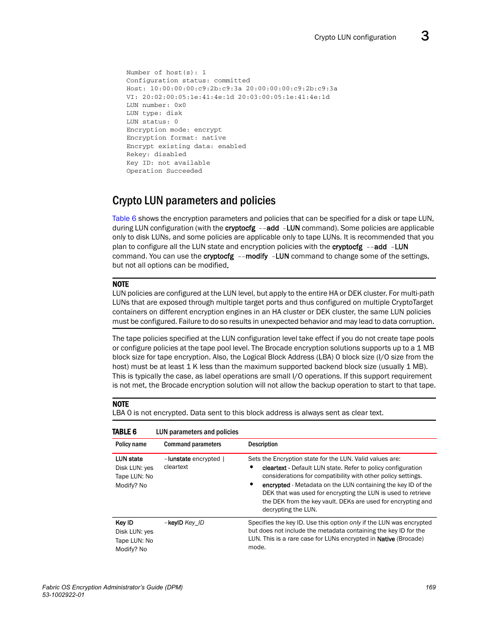 Crypto lun parameters and policies | Brocade Fabric OS Encryption Administrator’s Guide Supporting RSA Data Protection Manager (DPM) Environments (Supporting Fabric OS v7.2.0) User Manual | Page 189 / 332