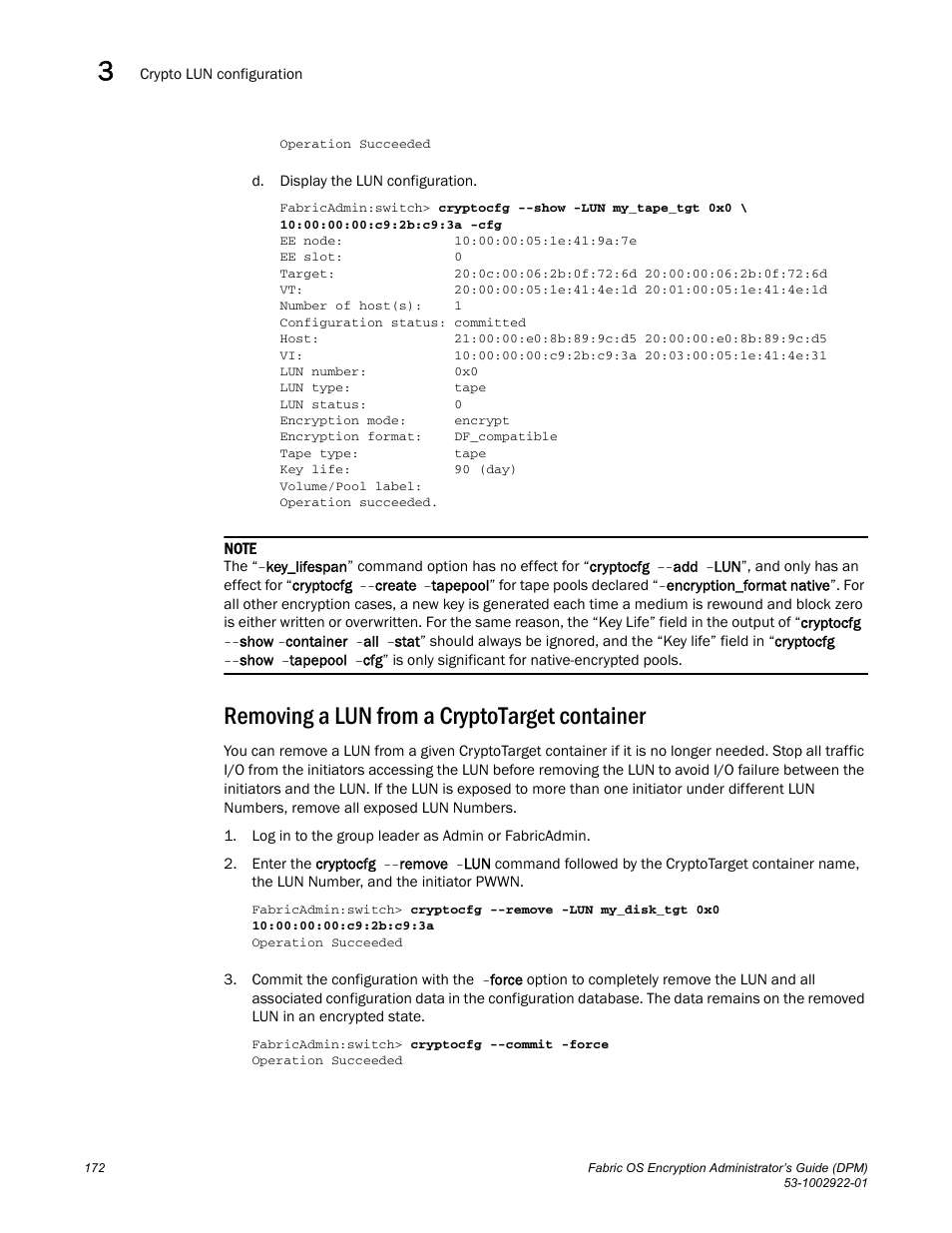 Removing a lun from a cryptotarget container | Brocade Fabric OS Encryption Administrator’s Guide Supporting RSA Data Protection Manager (DPM) Environments (Supporting Fabric OS v7.2.0) User Manual | Page 192 / 332