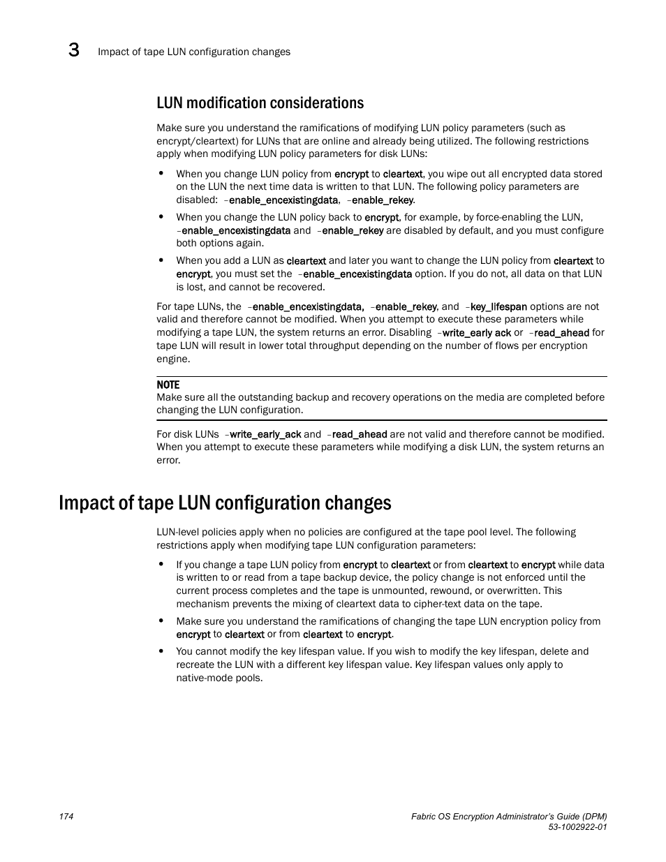Lun modification considerations, Impact of tape lun configuration changes | Brocade Fabric OS Encryption Administrator’s Guide Supporting RSA Data Protection Manager (DPM) Environments (Supporting Fabric OS v7.2.0) User Manual | Page 194 / 332
