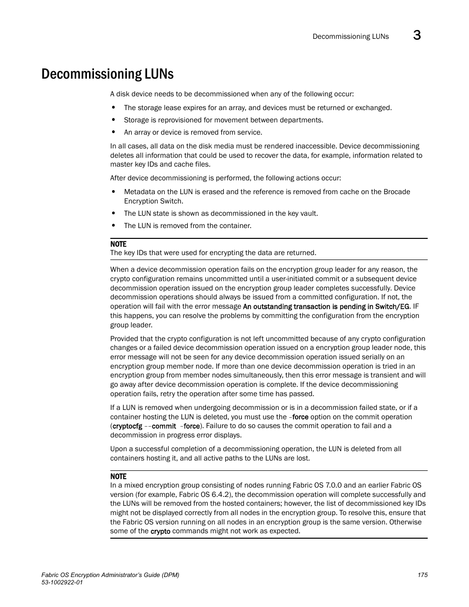 Decommissioning luns | Brocade Fabric OS Encryption Administrator’s Guide Supporting RSA Data Protection Manager (DPM) Environments (Supporting Fabric OS v7.2.0) User Manual | Page 195 / 332