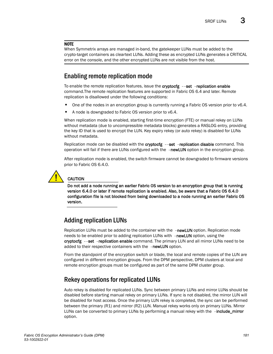 Enabling remote replication mode, Adding replication luns, Rekey operations for replicated luns | Brocade Fabric OS Encryption Administrator’s Guide Supporting RSA Data Protection Manager (DPM) Environments (Supporting Fabric OS v7.2.0) User Manual | Page 201 / 332