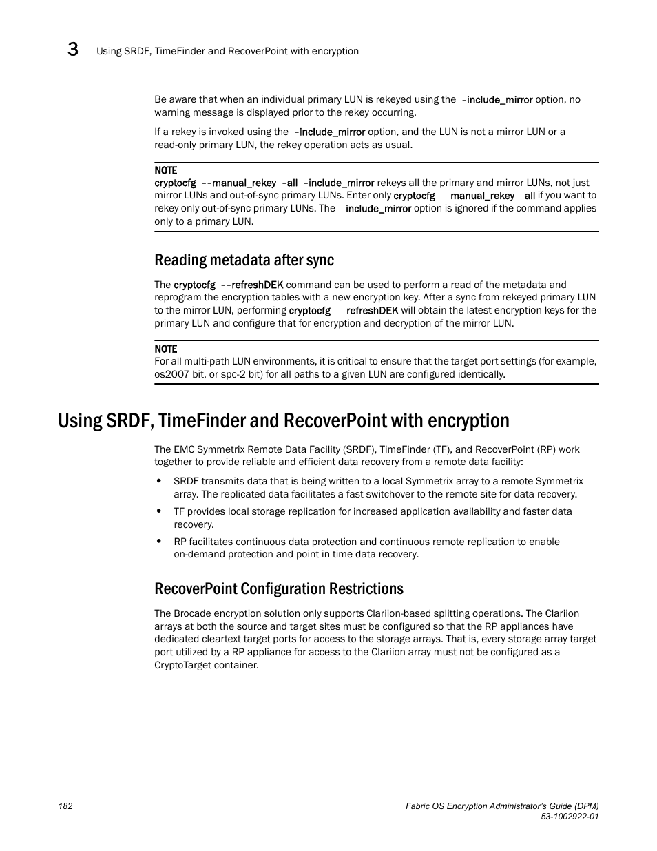 Reading metadata after sync, Recoverpoint configuration restrictions | Brocade Fabric OS Encryption Administrator’s Guide Supporting RSA Data Protection Manager (DPM) Environments (Supporting Fabric OS v7.2.0) User Manual | Page 202 / 332