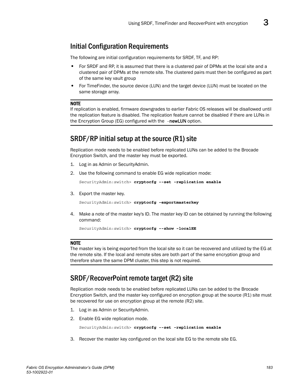 Initial configuration requirements, Srdf/rp initial setup at the source (r1) site, Srdf/recoverpoint remote target (r2) site | Brocade Fabric OS Encryption Administrator’s Guide Supporting RSA Data Protection Manager (DPM) Environments (Supporting Fabric OS v7.2.0) User Manual | Page 203 / 332