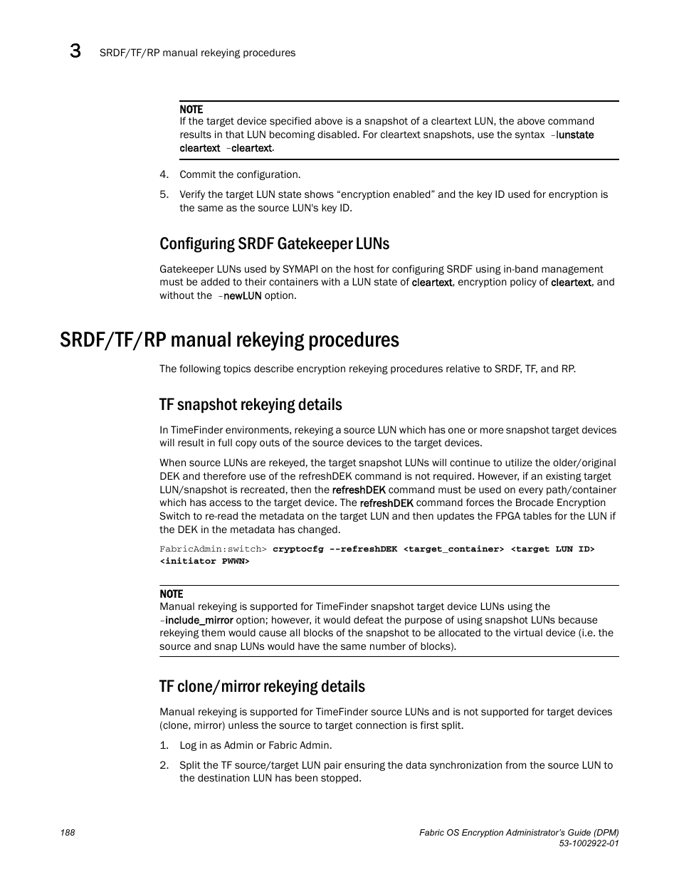 Configuring srdf gatekeeper luns, Srdf/tf/rp manual rekeying procedures, Tf snapshot rekeying details | Tf clone/mirror rekeying details | Brocade Fabric OS Encryption Administrator’s Guide Supporting RSA Data Protection Manager (DPM) Environments (Supporting Fabric OS v7.2.0) User Manual | Page 208 / 332