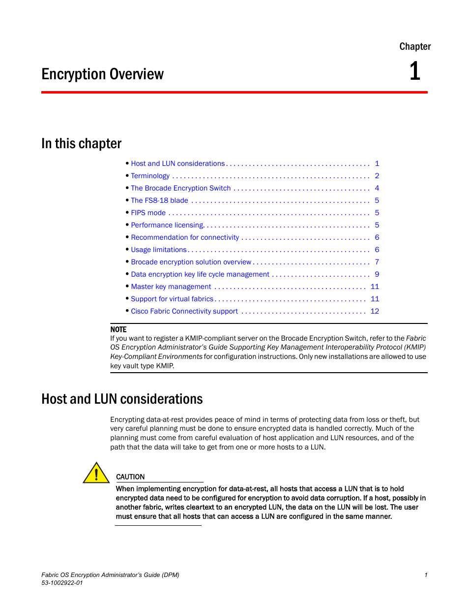 Encryption overview, In this chapter, Host and lun considerations | Chapter 1, In this chapte, Chapter 1, “encryption overview | Brocade Fabric OS Encryption Administrator’s Guide Supporting RSA Data Protection Manager (DPM) Environments (Supporting Fabric OS v7.2.0) User Manual | Page 21 / 332