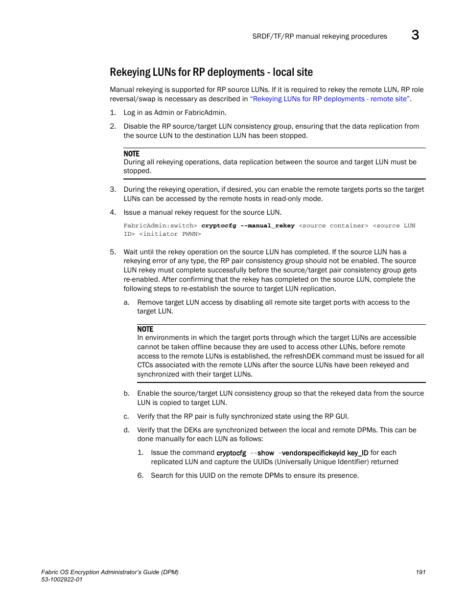 Rekeying luns for rp deployments - local site | Brocade Fabric OS Encryption Administrator’s Guide Supporting RSA Data Protection Manager (DPM) Environments (Supporting Fabric OS v7.2.0) User Manual | Page 211 / 332